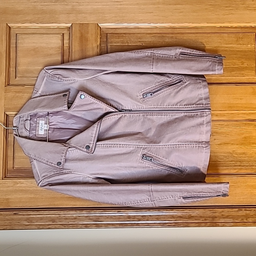 Style & Co blush pink dusty rose faux leather jacket lined with zippers